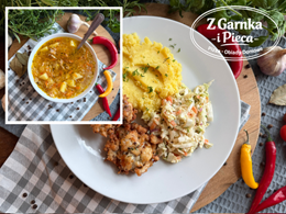 Kotlet drobiowy siekany z pieczarkami + ziemniaki + surówka + Kapuśniak